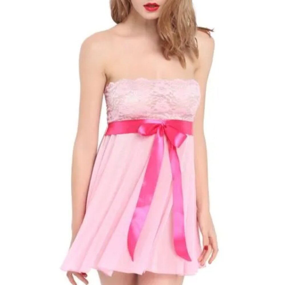 NEW LACE & MESH BABYDOLL WITH G-STRING TIE FRONT STRETCH LACE MESH BABYDOLL [M]